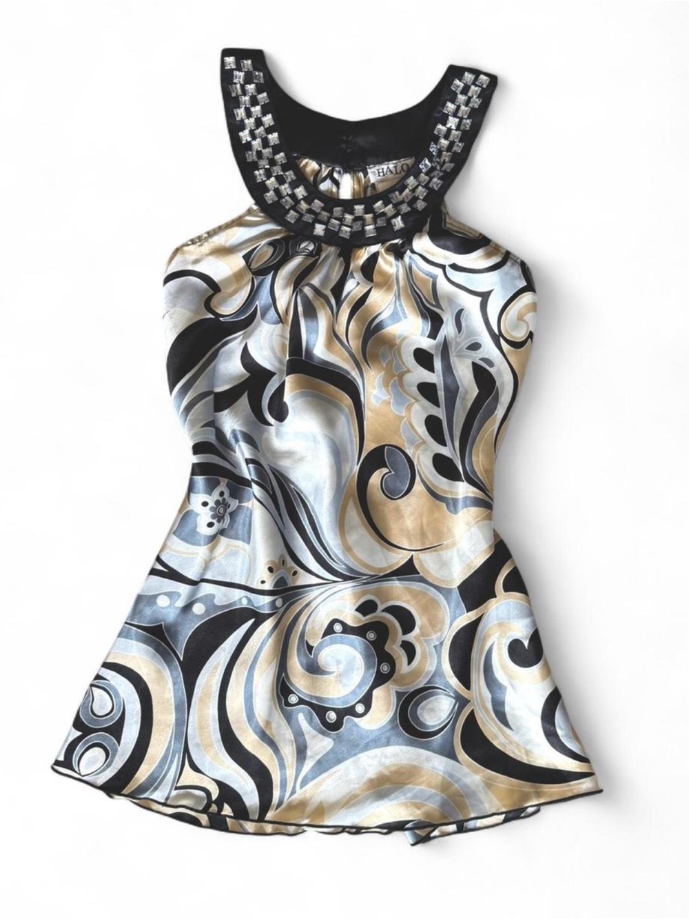 HALO Embellished Halter Top Dressy Tank Black Silver Print